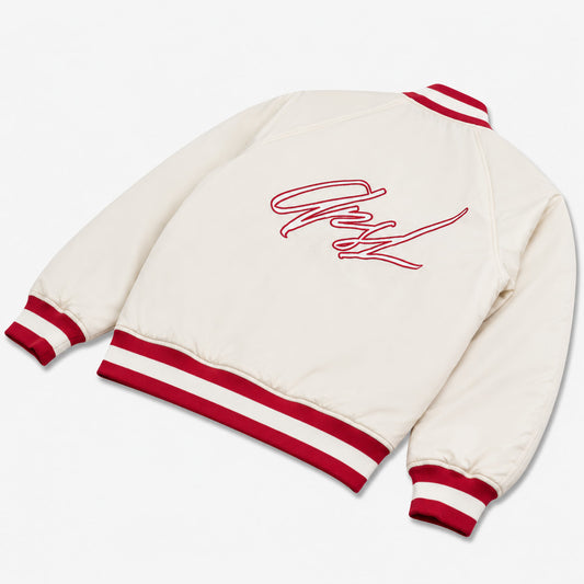 AlphaStyle Barren Varsity Jacket in Bone – Rückenansicht mit Red Cursive AlphaStyle-Signature-Logo