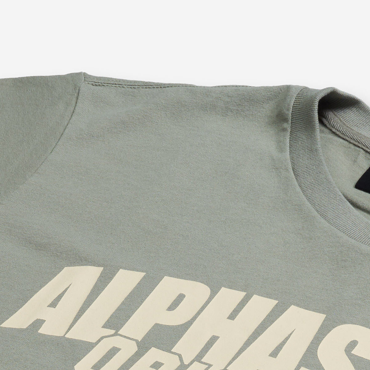 AlphaStyle Duke Vintage Print T-Shirt in Moss – Detailaufnahme von Rundhalsausschnitt und ALPHASTYLE-Originals-Frontprint