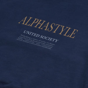 AlphaStyle United Hood Hoodie in Navy – Detailaufnahme des goldenen ALPHASTYLE-United-Society-Rückenprints