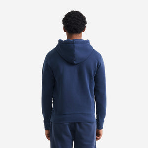 AlphaStyle Apex Washed Hoodie in Navy – Rückansicht am Model mit anliegender Kapuze