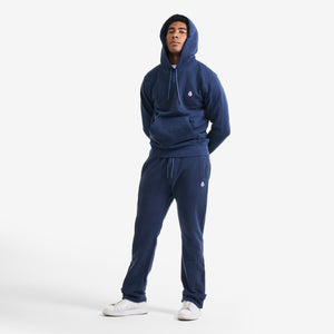 AlphaStyle Apex Washed Hoodie in Navy – Ganzkörperaufnahme am Model mit aufgesetzter Kapuze