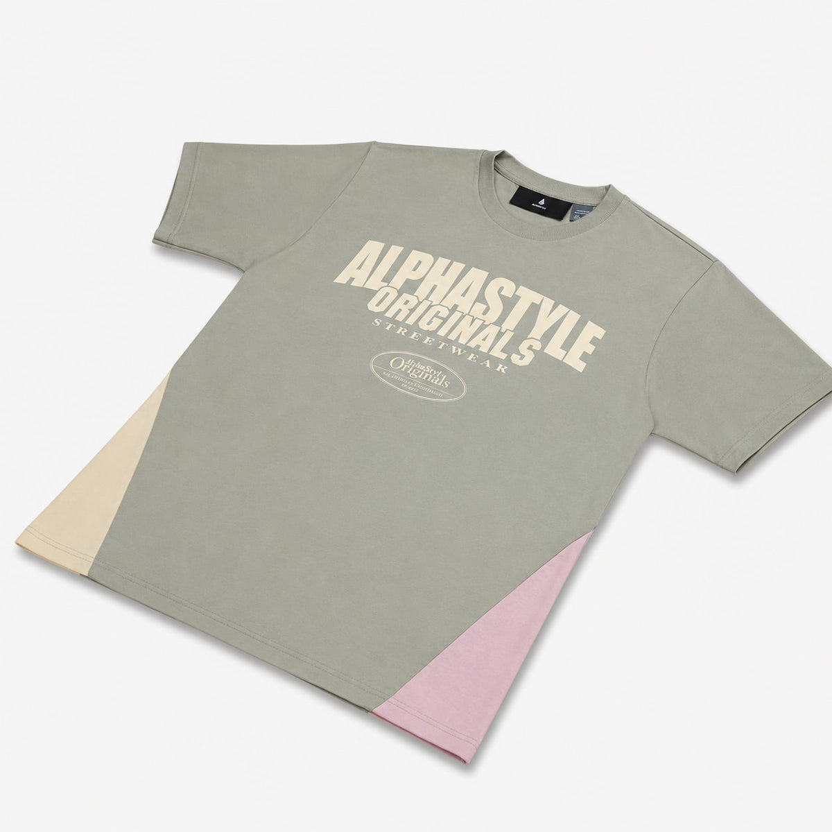 AlphaStyle Duke Vintage Print T-Shirt in Moss – Produktansicht liegend mit seitlichen Panels in Bone und Dusty Pink