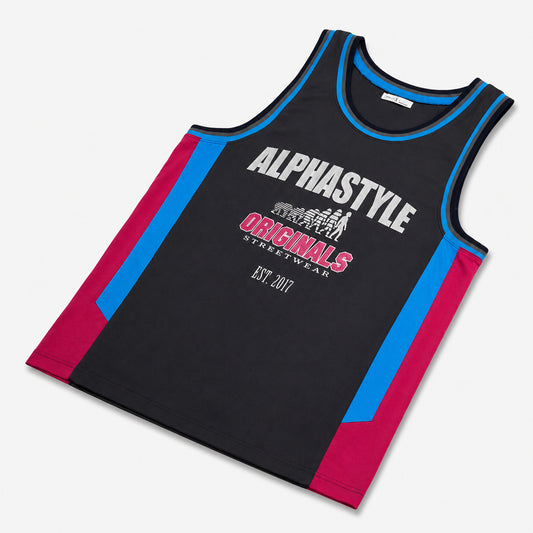AlphaStyle Abraham Basketball Tank in Black/Fuchsia – Originals Streetwear Stickerei mit Fuchsia-Seitenpanels und Blue-Paspeln