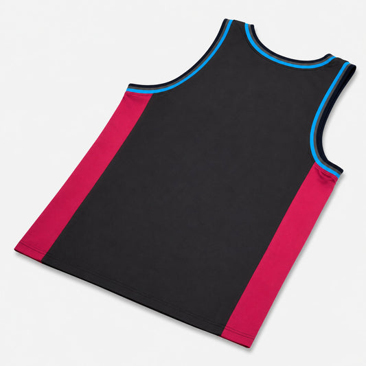 AlphaStyle Abraham Basketball Tank in Black/Fuchsia – Rückenansicht, Athletic Cut mit Fuchsia-Seitenpanels und Blue-Paspeln