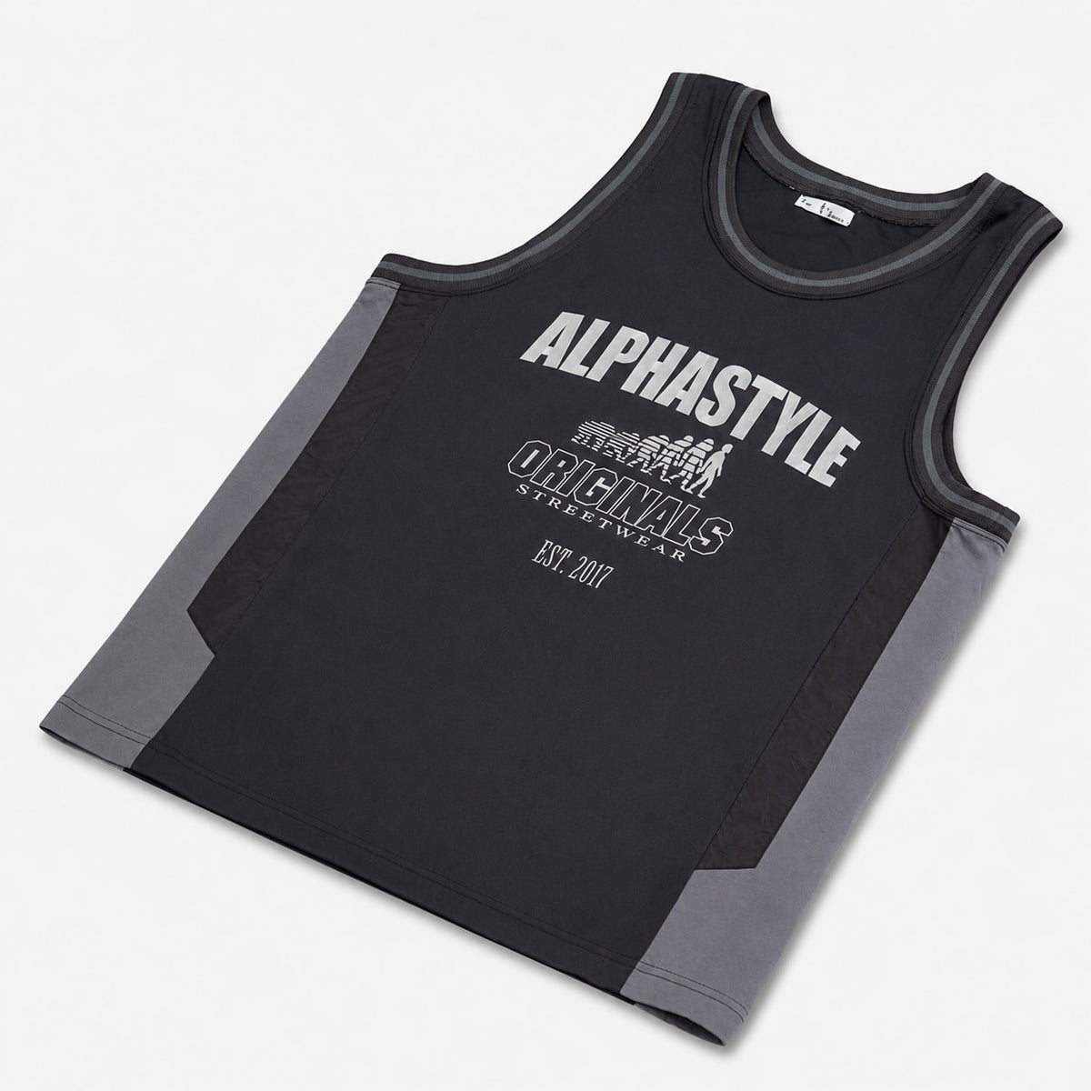 AlphaStyle Abraham Basketball Tank in Black/Grey – gestickte Originals-Front in White mit Grey-Seitenpanels und Grey-Paspeln
