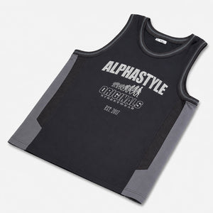 AlphaStyle Abraham Basketball Tank in Black/Grey – gestickte Originals-Front in White mit Grey-Seitenpanels und Grey-Paspeln