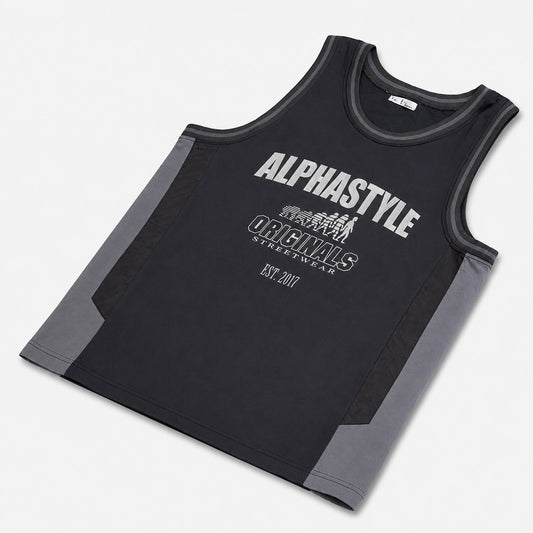 AlphaStyle Abraham Basketball Tank in Black/Grey – gestickte Originals-Front in White mit Grey-Seitenpanels und Grey-Paspeln