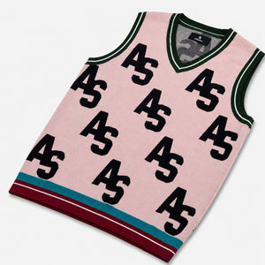 AlphaStyle Penn Sweater Vest in Dusty Pink – Produktansicht liegend mit navyfarbenem AS-Allover-Strickmuster und grünem V-Ausschnitt