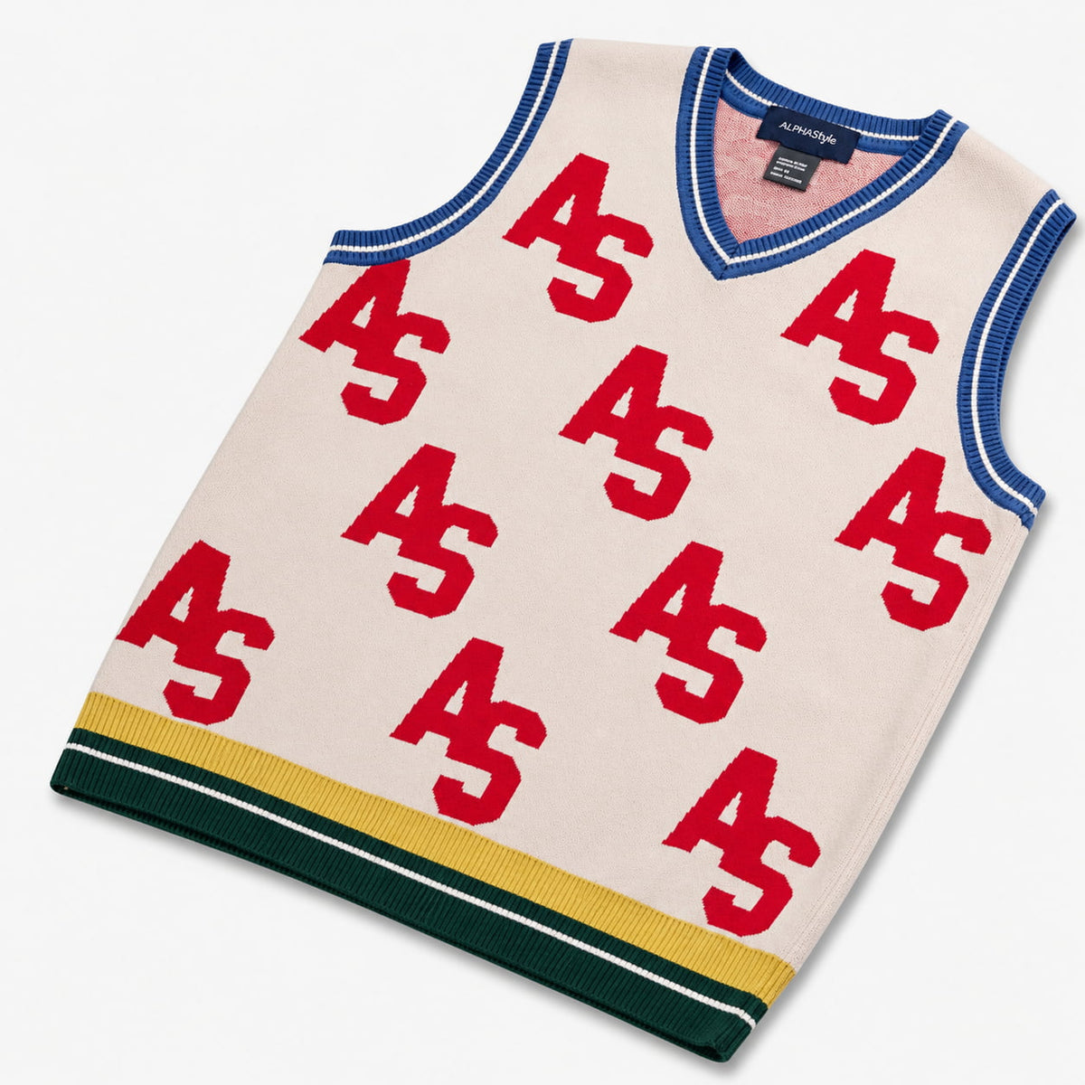 AlphaStyle Penn Sweater Vest in Bone – Produktansicht liegend mit rotem AS-Allover-Strickmuster und blauem V-Ausschnitt