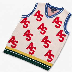 AlphaStyle Penn Sweater Vest in Bone – Produktansicht liegend mit rotem AS-Allover-Strickmuster und blauem V-Ausschnitt