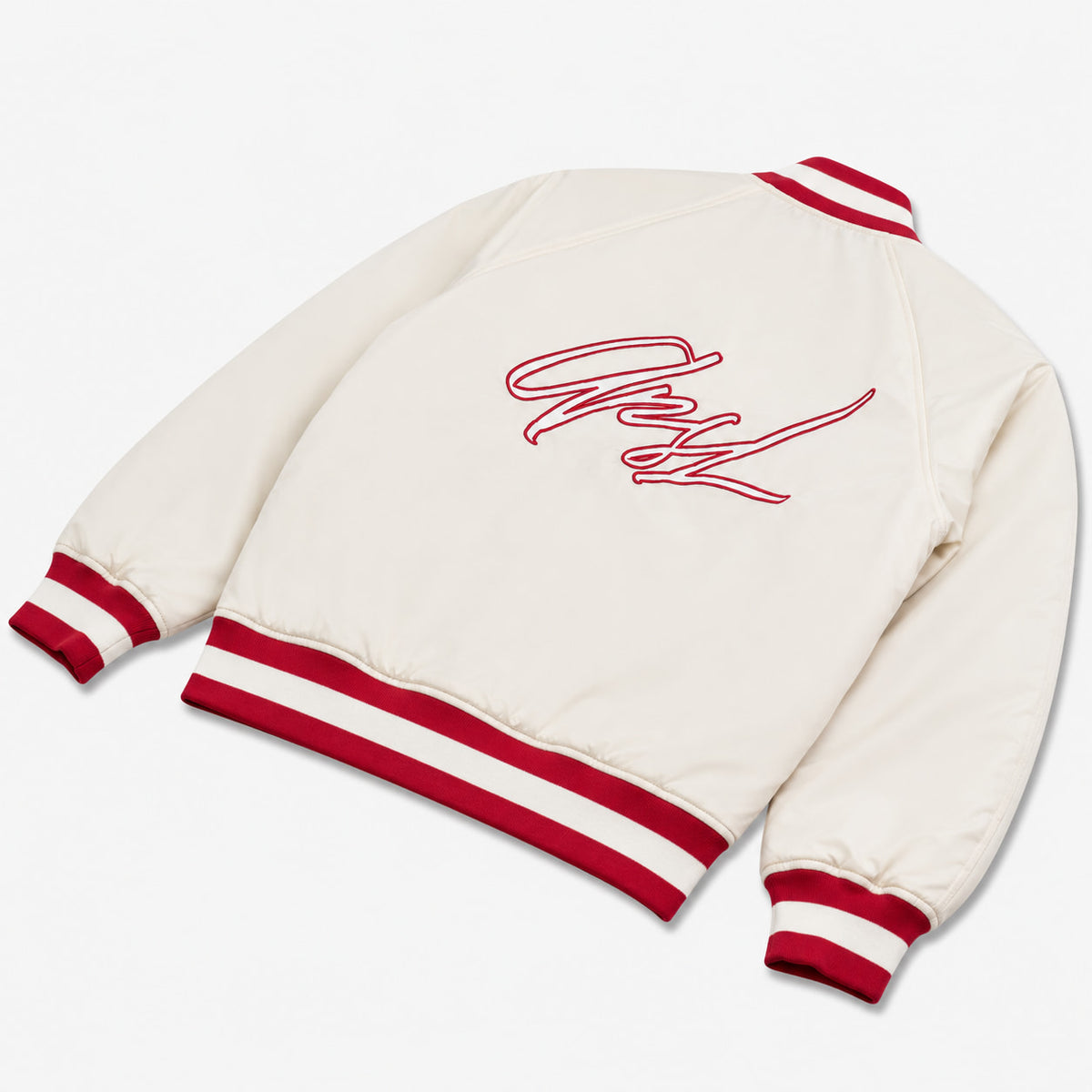 AlphaStyle Barren Varsity Jacket in Bone – Rückenansicht mit Red Cursive AlphaStyle-Signature-Logo