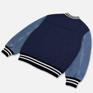AlphaStyle Ritch Logo Baseball Jacket in Navy/Denim – Rückansicht mit Denim-Ärmeln und gestreiften Bündchen