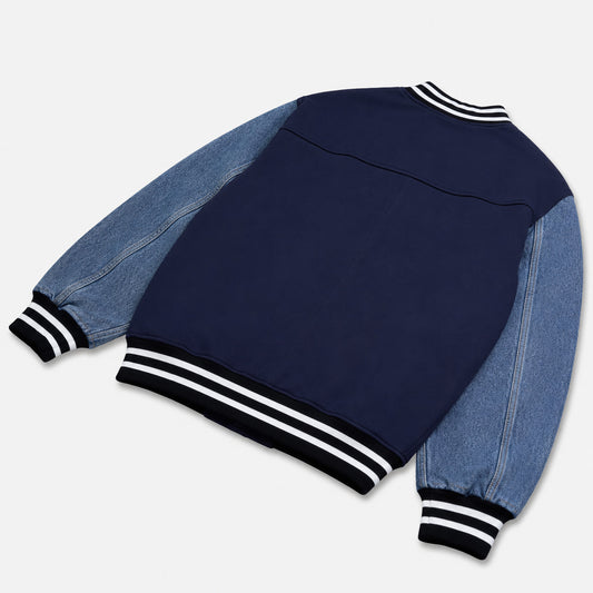 AlphaStyle Ritch Logo Baseball Jacket in Navy/Denim – Rückansicht mit Denim-Ärmeln und gestreiften Bündchen