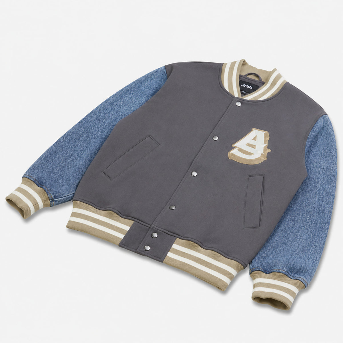AlphaStyle Ritch Logo Baseball Jacket in Grey/Denim – Frontansicht mit AS Logo-Patch und Denim-Ärmeln