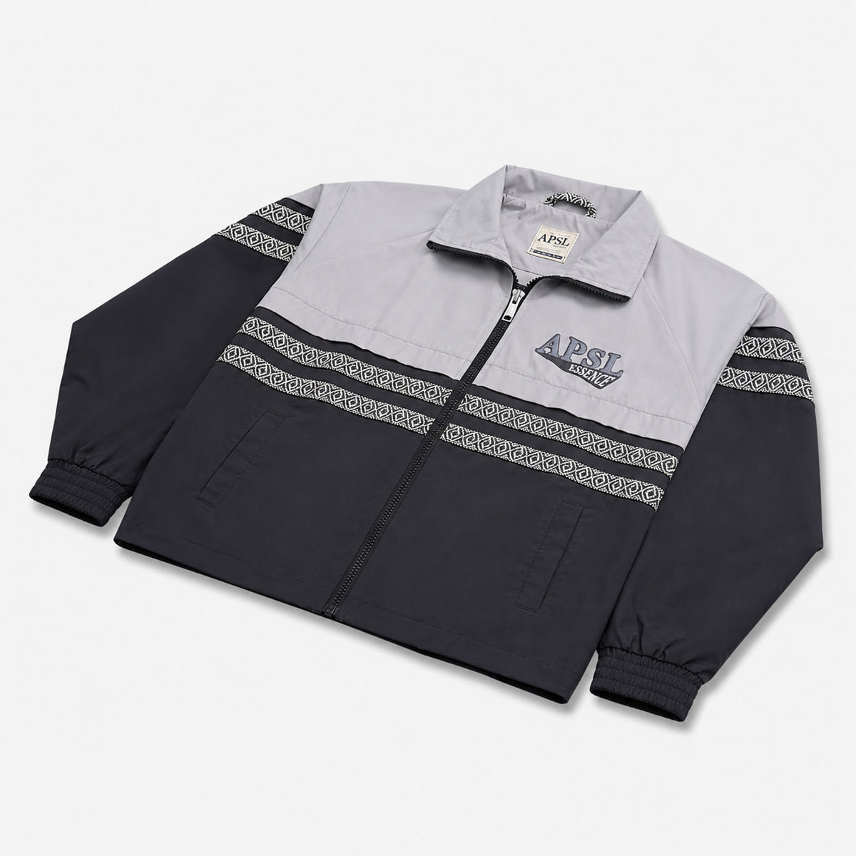 AlphaStyle Whitman Batwing Windbreaker Jacket in Black/Grey – Produktansicht liegend mit Color-Block-Design und Aztec-Zierband