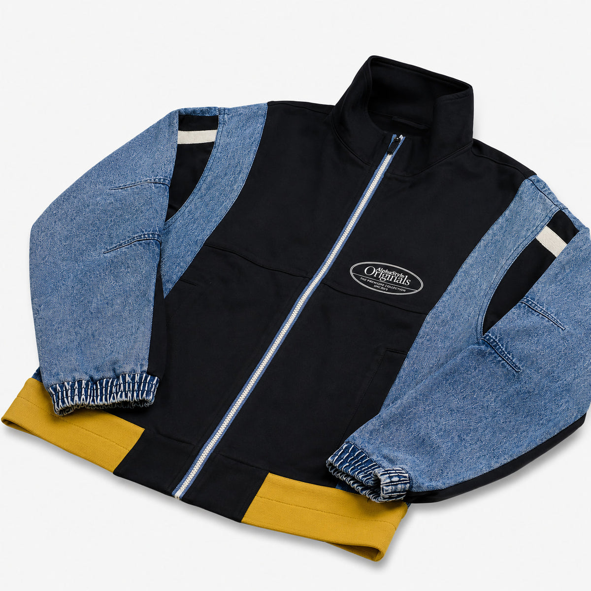 AlphaStyle Lincoln Track Jacket in Black mit Stehkragen, Frontreißverschluss und Color-Block-Ärmeln aus echtem Denim