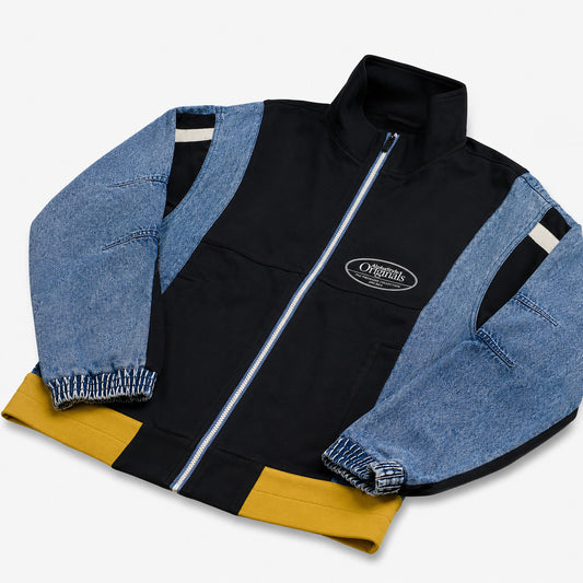 AlphaStyle Lincoln Track Jacket in Black mit Stehkragen, Frontreißverschluss und Color-Block-Ärmeln aus echtem Denim