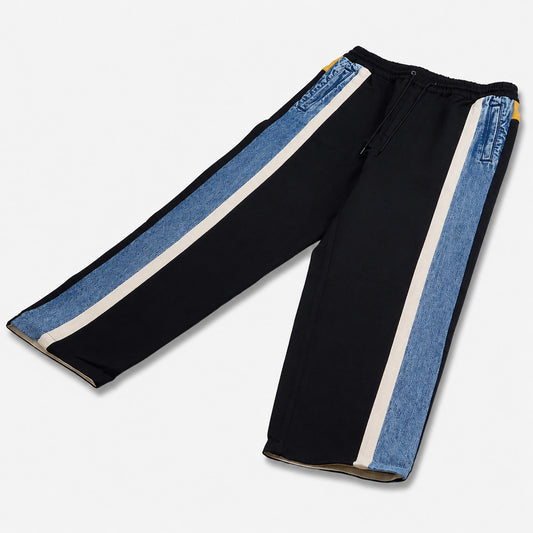 AlphaStyle Chase Track Pant in Black mit Seitenstreifen aus echtem Denim und Senfgelb-Bund