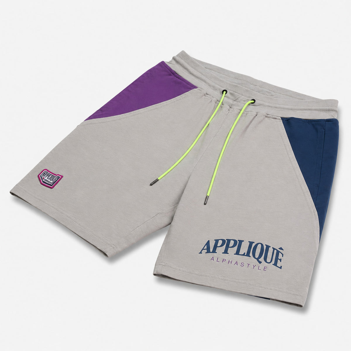 AlphaStyle Bruno Training Shorts in Light Grey mit asymmetrischem Color-Block-Design in Lila und Navy und Kordelzug-Bund