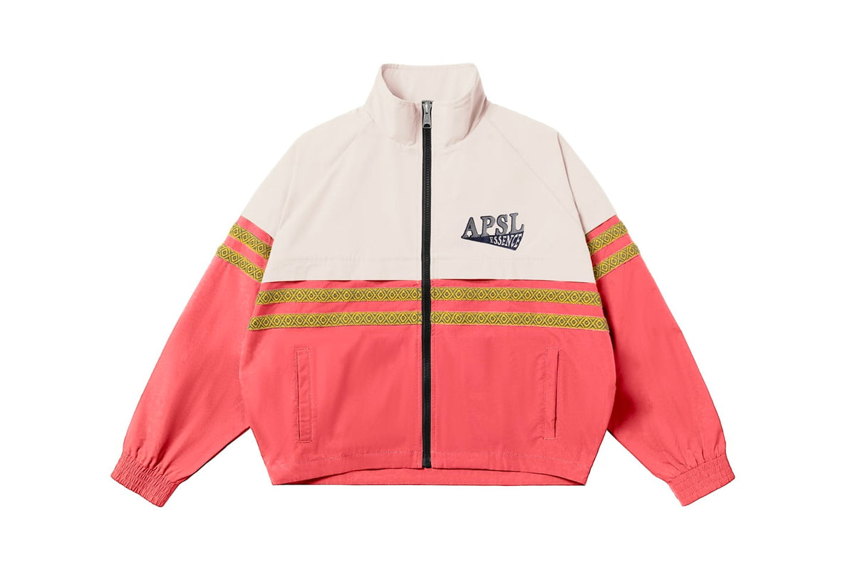 AlphaStyle Whitman Batwing Windbreaker Jacket in Fuchsia/Bone – Frontansicht mit Stehkragen, durchgehendem Reißverschluss, goldenen Kontraststreifen und APSL-Brustlogo