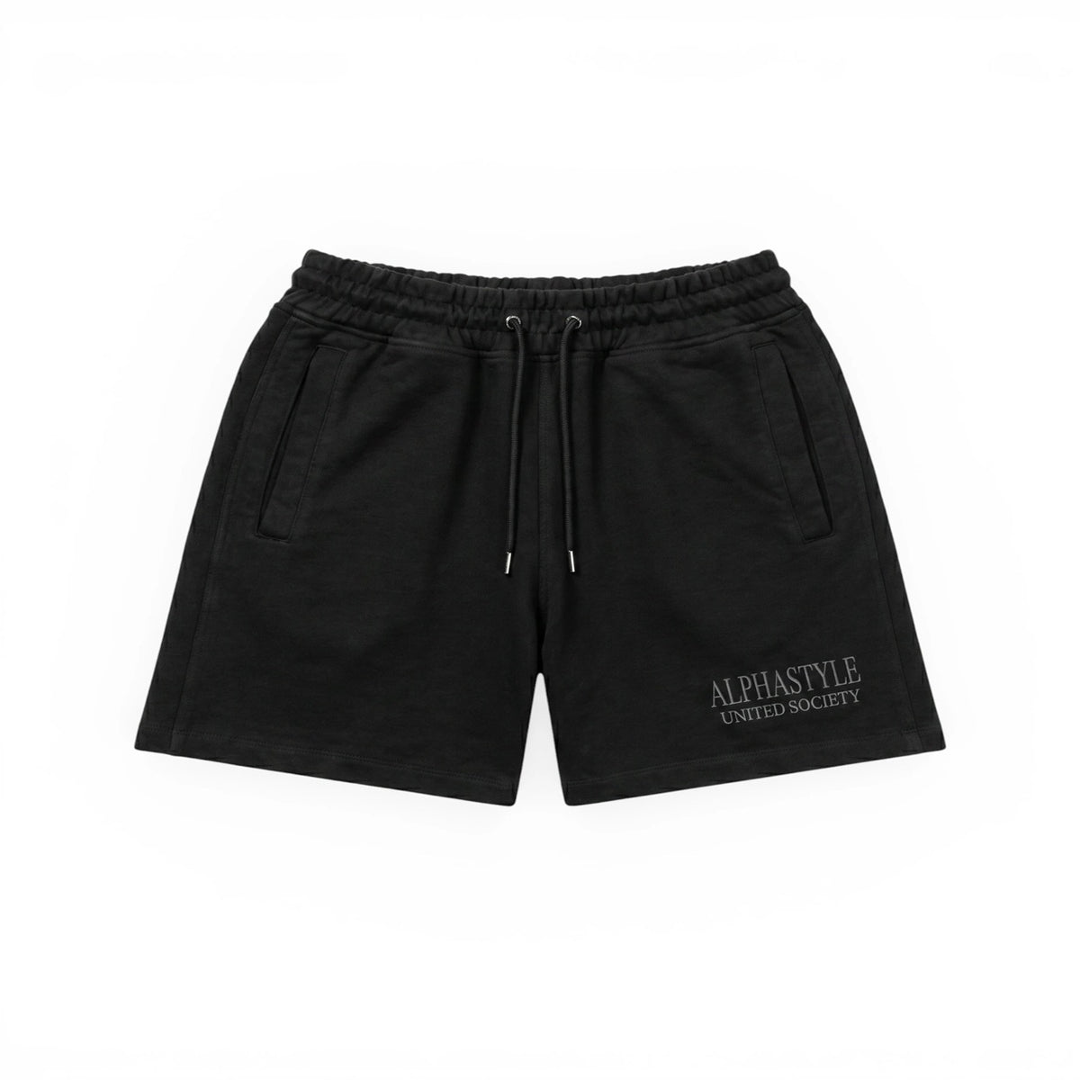 AlphaStyle United Knit Shorts in Black – Produktansicht der Vorderseite mit Kordelzug-Bund und United-Society-Print