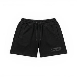 AlphaStyle United Knit Shorts in Black – Produktansicht der Vorderseite mit Kordelzug-Bund und United-Society-Print